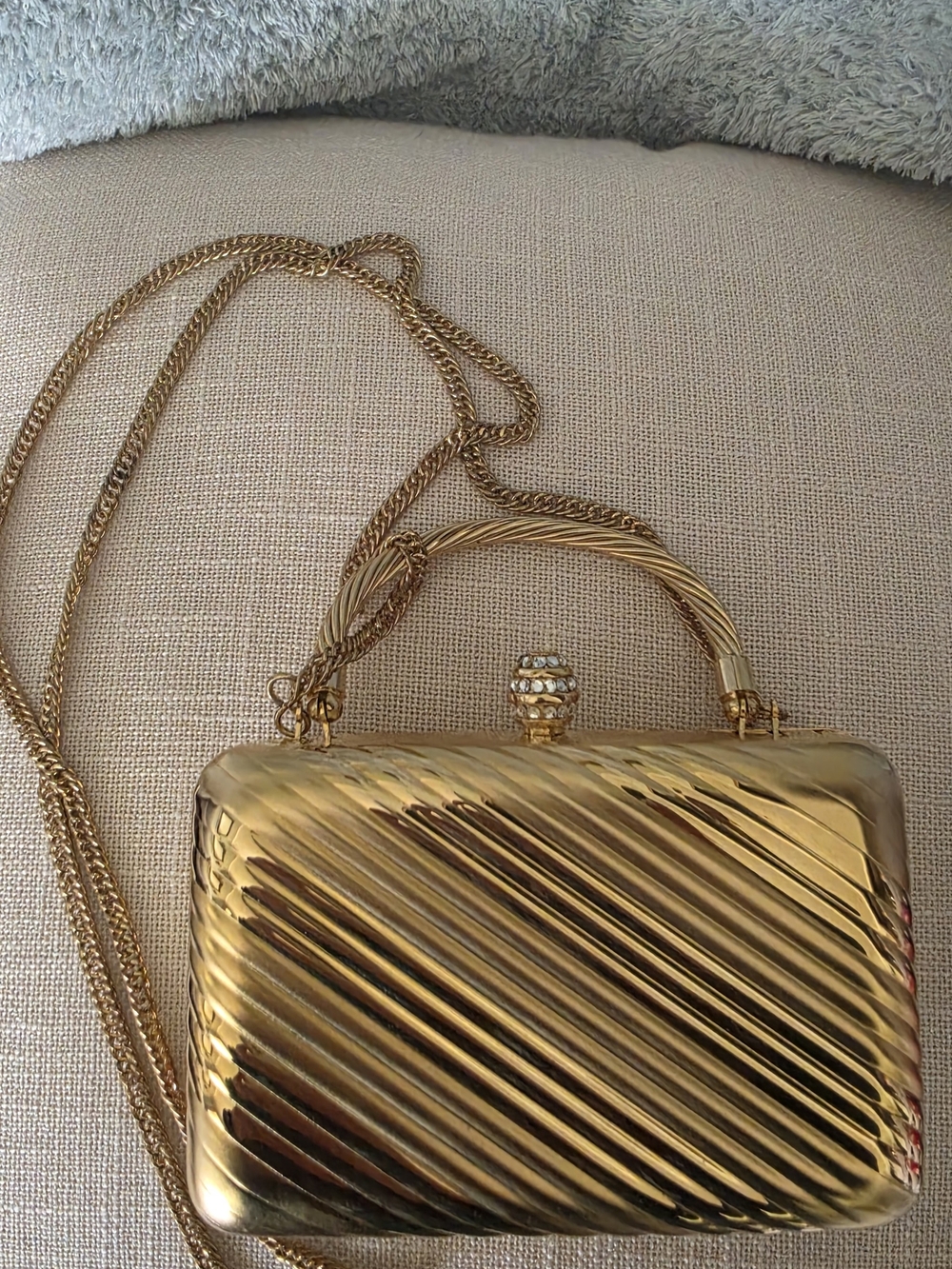 Gold Metal Evening Minaudière Bag with Chain Strap
